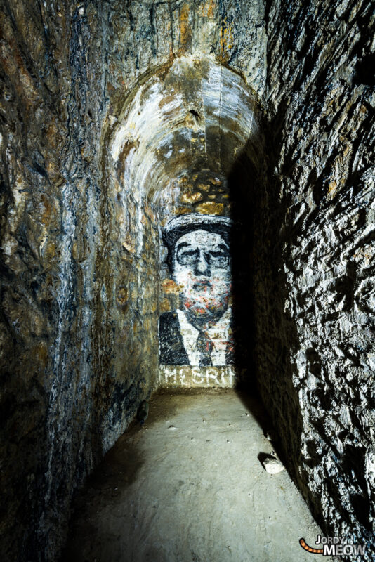 Uncover the mysteries of the Paris Catacombs with a haunting face in underground tunnel.