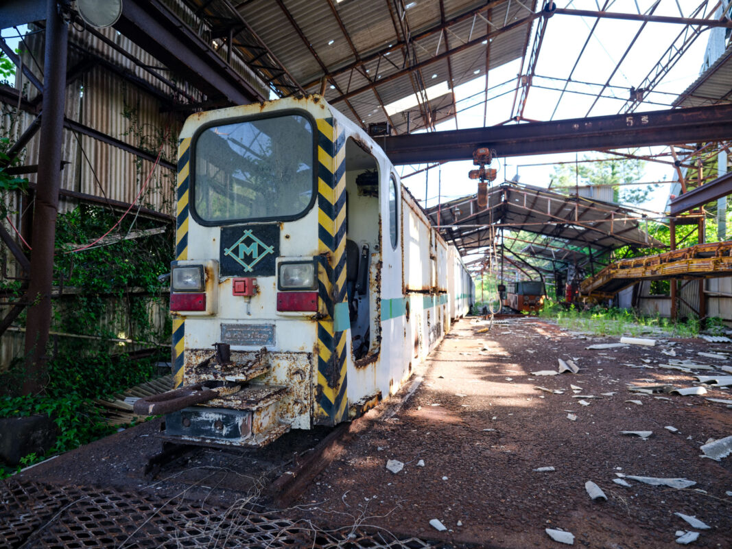 Abandoned industrial railcar with hazard stripes in rusted shed, overgrown with plants
