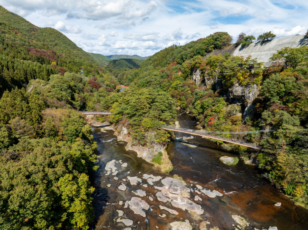Fukiware Falls wide cascade over rocky riverbed in forested valley, Japan