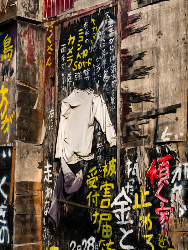 Graffiti-covered black wall with Japanese writing and a hanging white shirt
