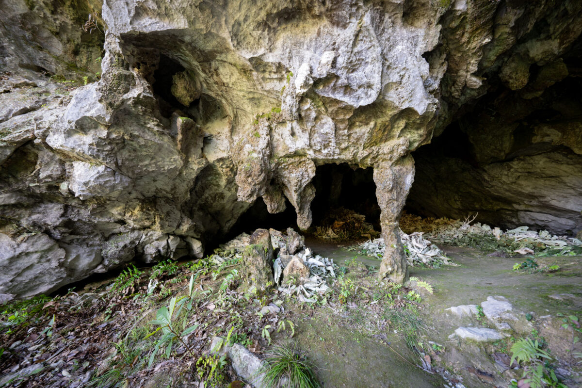 Ancient sacred cave interior with stone pillars framing bright entrance and shadows