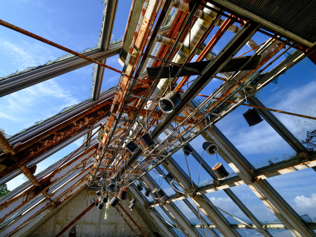 Upward view of rusted abandoned church roof frame open to blue sky