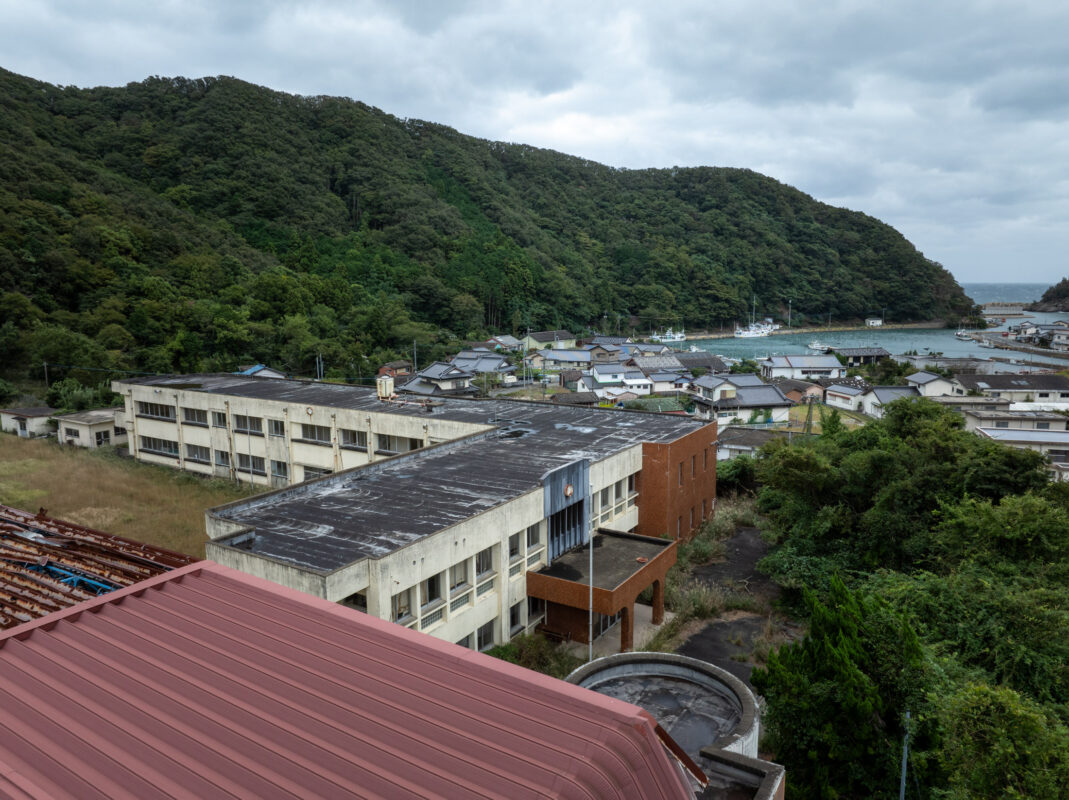 Aerial view of quiet coastal village and harbor surrounded by lush forested hills