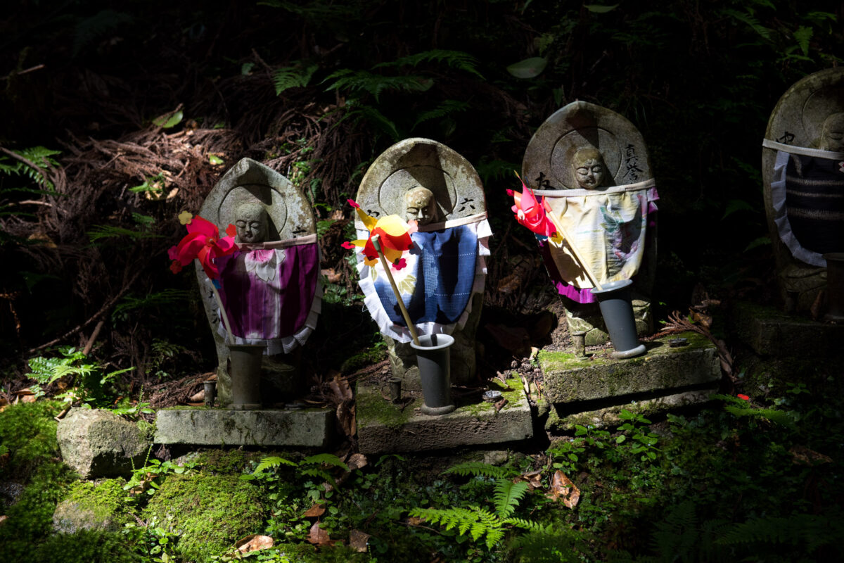 Moss-covered Jizō statues with colorful bibs in shaded Kongōrin-ji Temple forest, Japan.