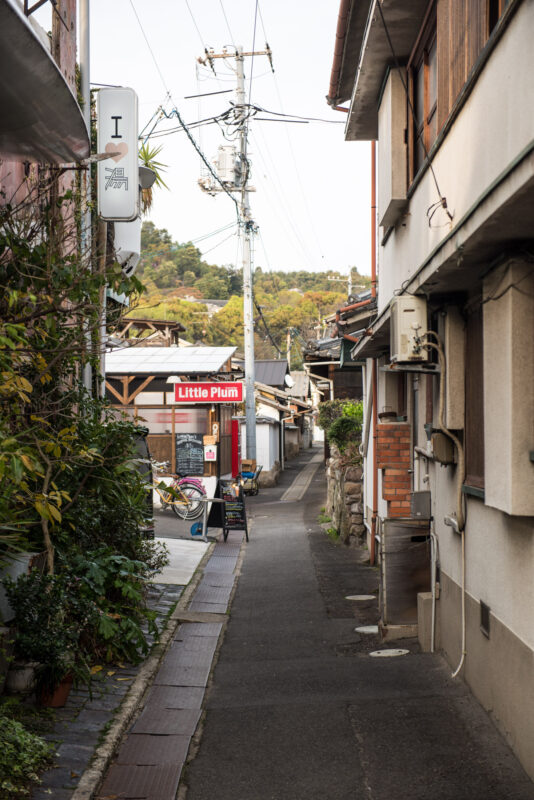 Quiet Naoshima Island alley in Japan with small shops, power lines, and red Little Plum sign.