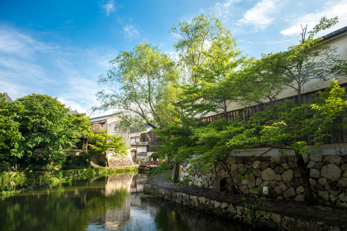 Omihachiman canal in Shiga with traditional merchant buildings, stone embankment, and green trees