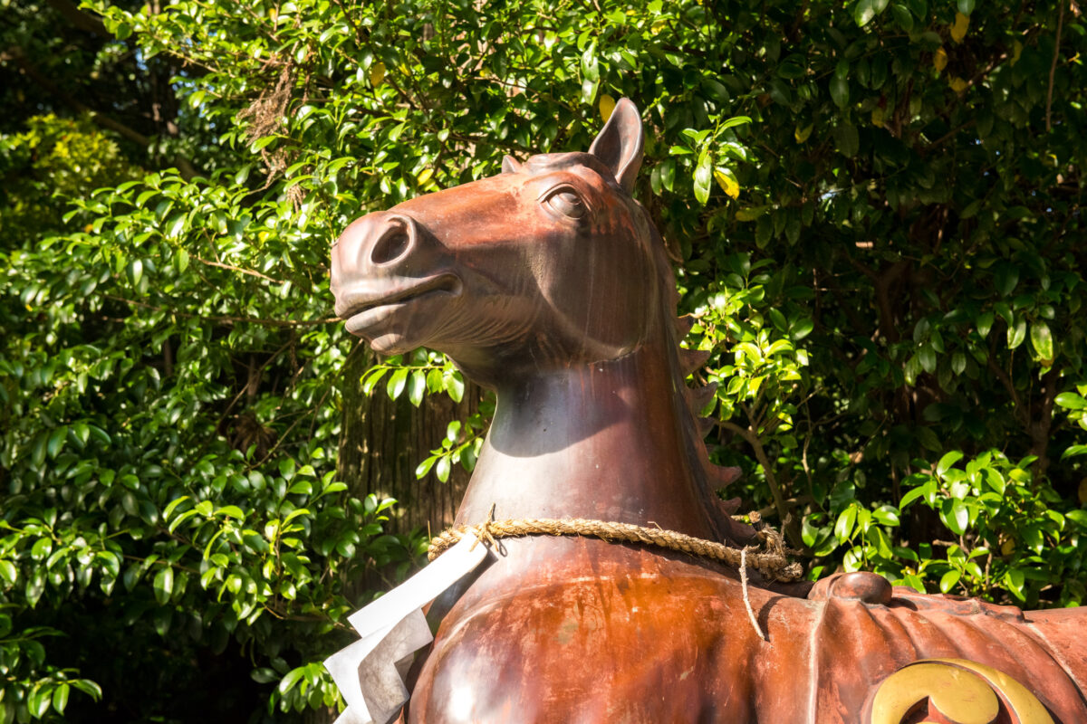 Sacred horse statue with Shinto rope at Omihachiman Shrine, sunlit greenery backdrop.