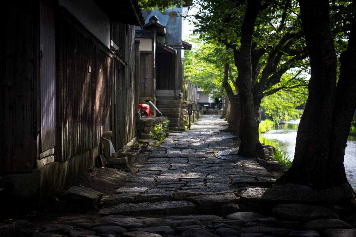 Stone path beside Hachiman-bori canal in Omihachiman, Japan, lined with wooden buildings
