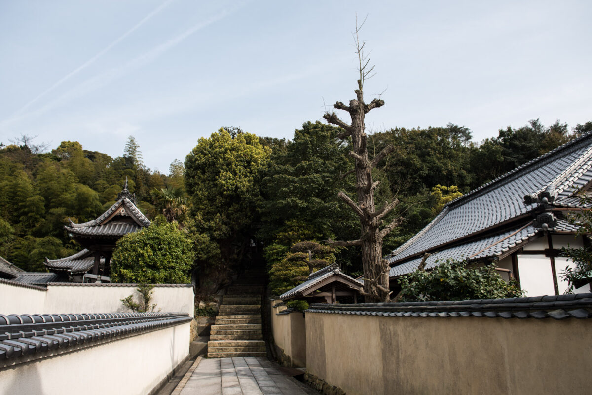 Stone path between traditional Japanese plaster walls and tiled roofs in Naoshima Japan