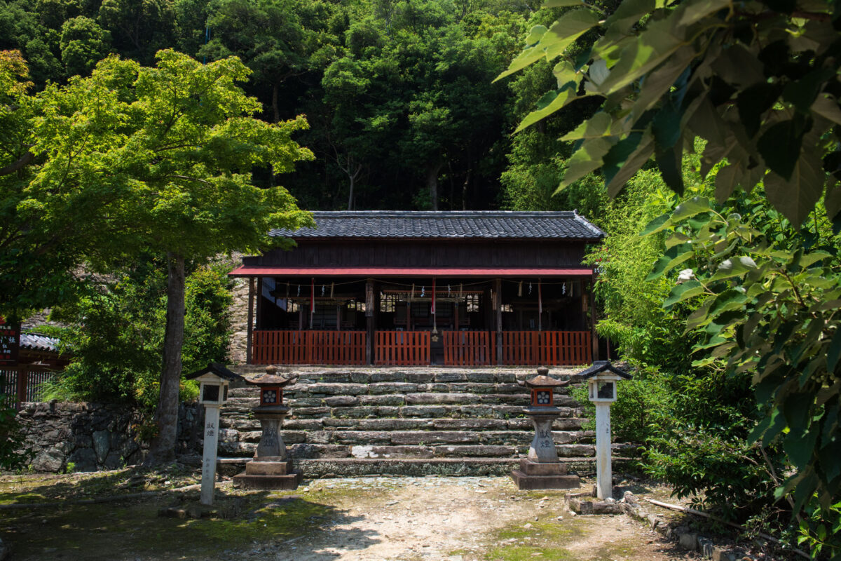 Stone steps and lanterns leading to Wakaura Tenmangu Shrine in Wakayama, Japan.