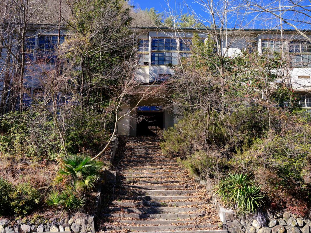 Abandoned two-story school above overgrown stone stairs, empty windows and shadowy entrance.