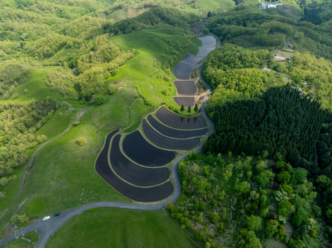 Aerial view of Ogi terraced rice fields curving through green hills with winding road