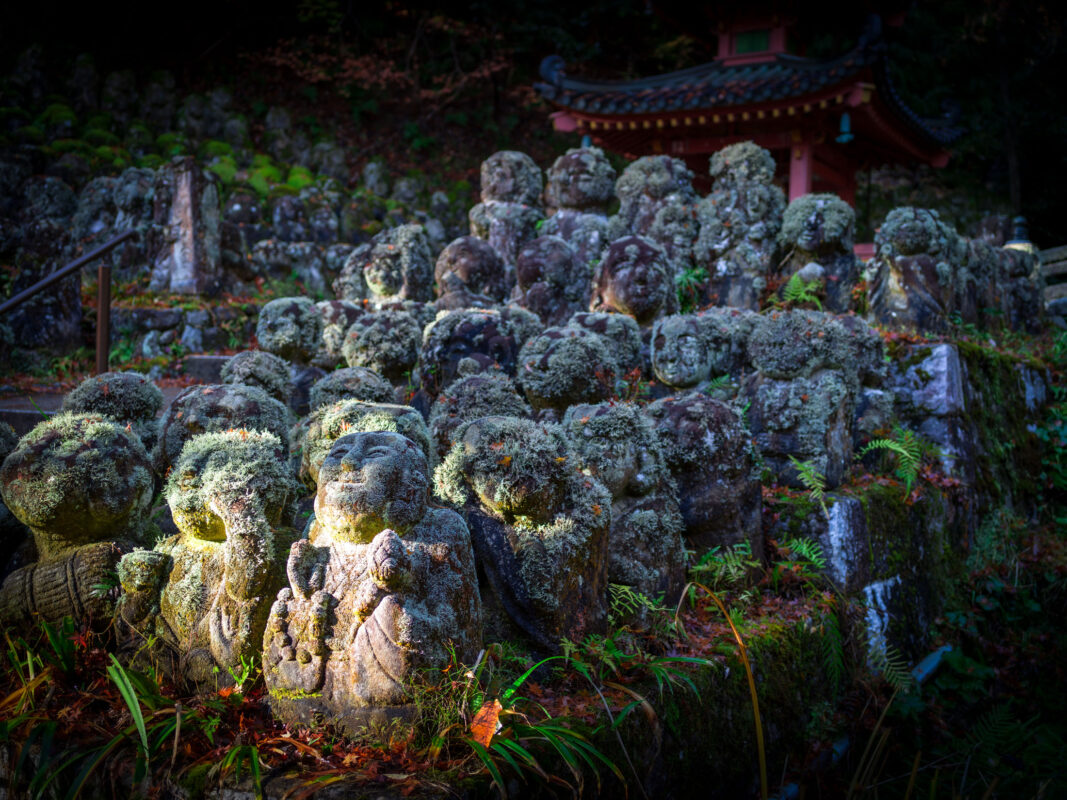 Moss-covered Buddha statues in terraced rows at Otagi Nenbutsu-ji Temple, Kyoto, Japan.