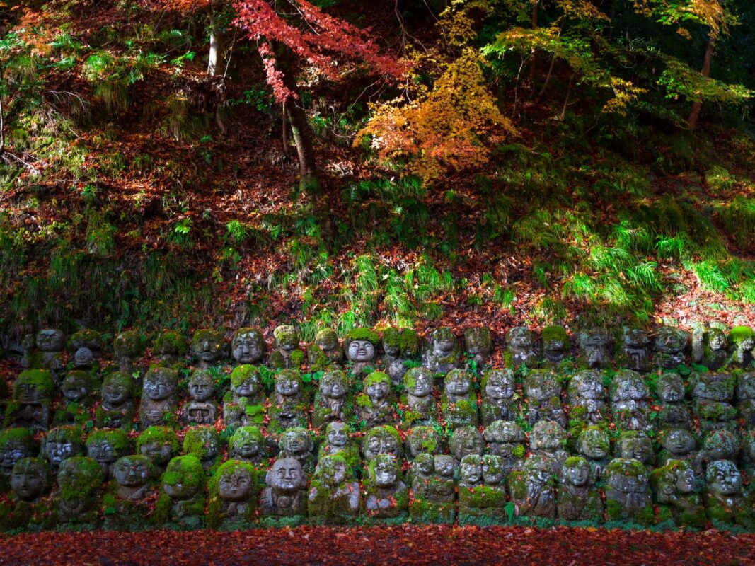 Moss-covered rakan statues at Otagi Nenbutsu-ji Temple, Kyoto, beneath vibrant autumn trees.